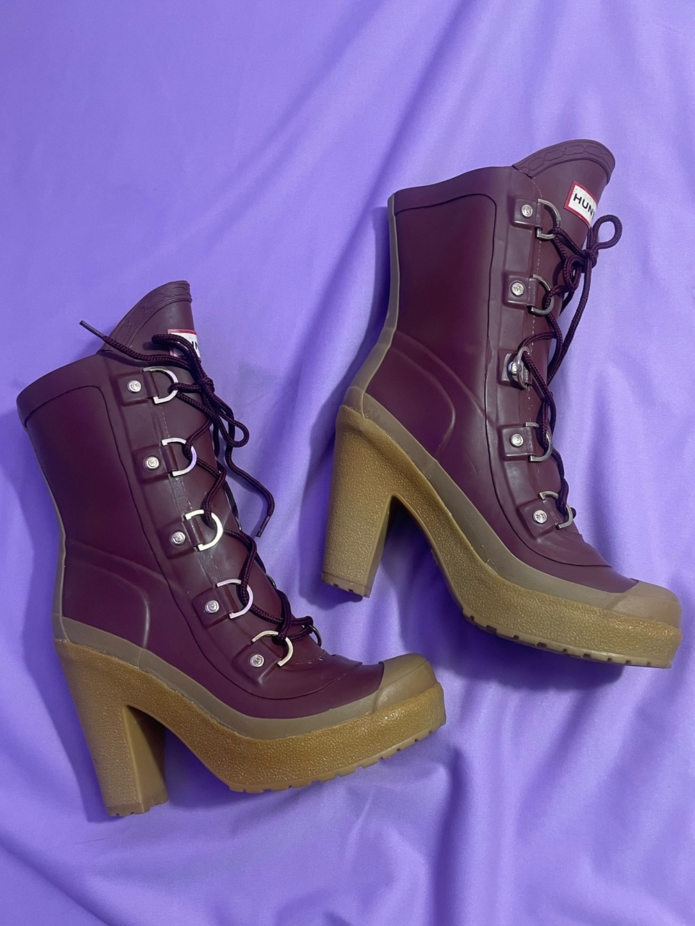 Hunter Gabby RARE Lapin Burgundy Lace Up High Heel Platform Rain Boots Womens 6